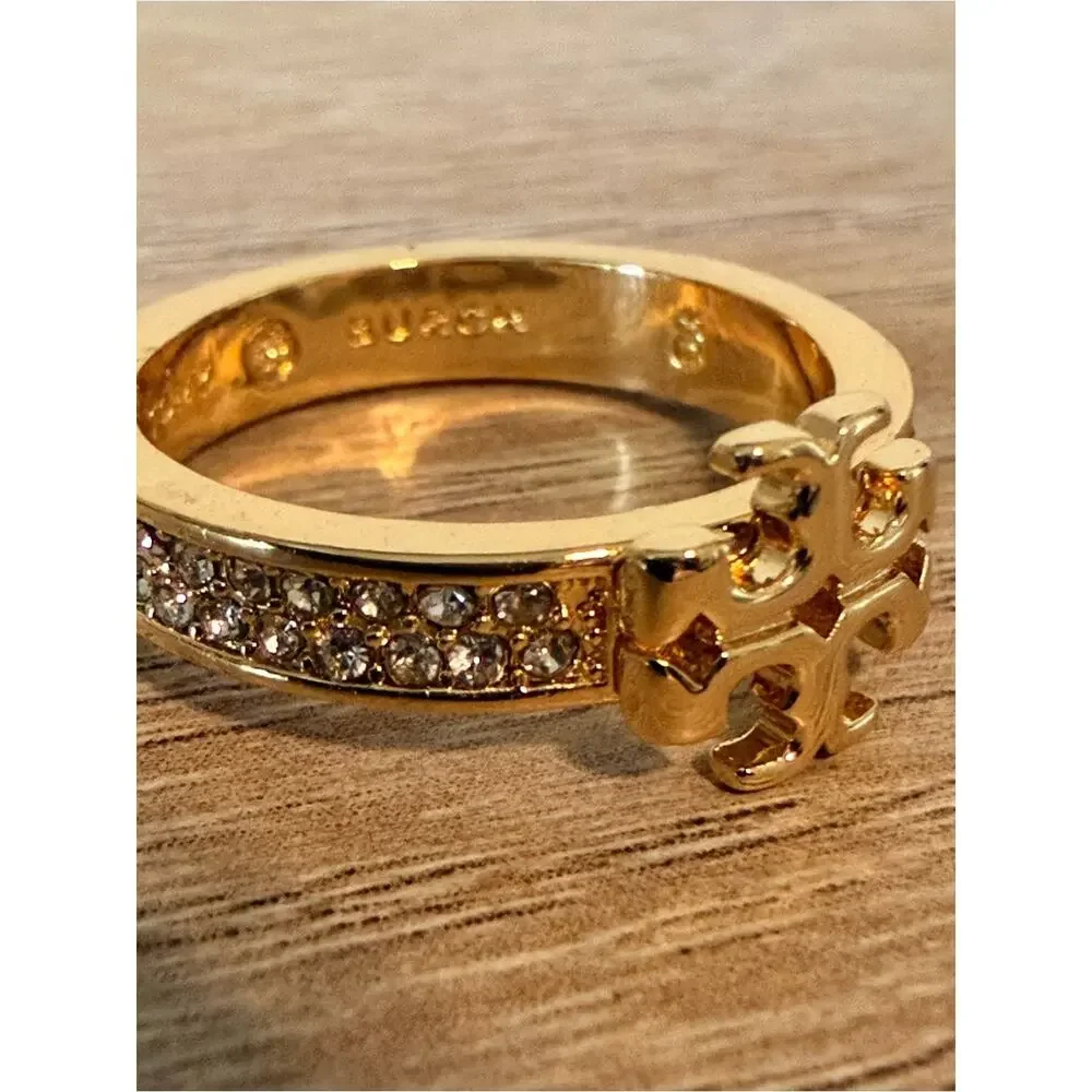 Tory Burch Gold Tone Crystal Miller Logo Ring Size 8 Pavé Rhinestone